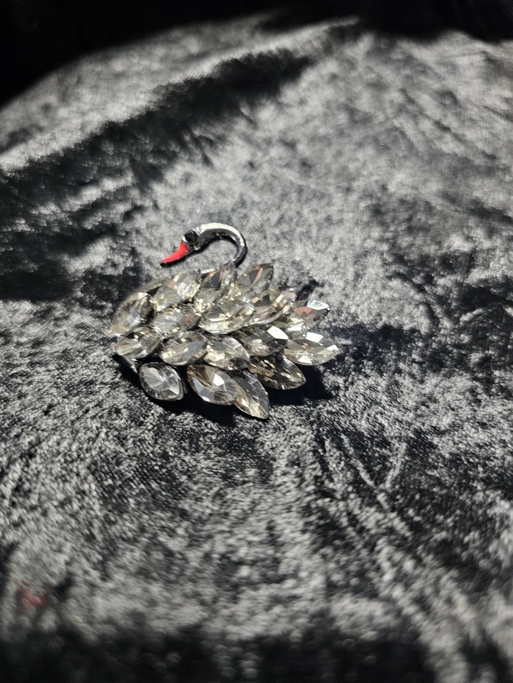 Crystal Swan Brooch Pin - Clear and Black Accent